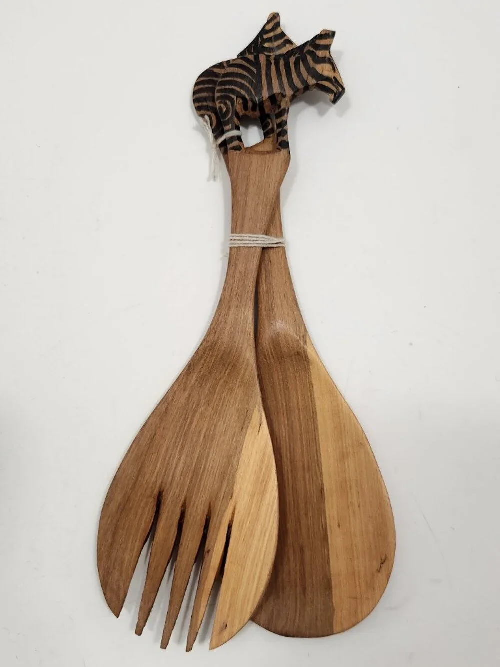 VINTAGE NEW Hand Carved Zebra Wooden Salad Servers Set Fork Spoon Unused Safari